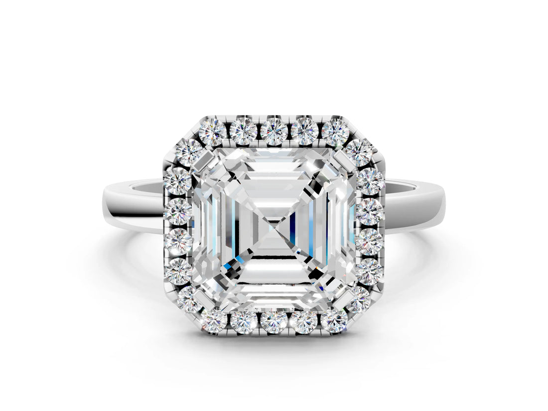 White gold Asscher Halo Diamond Solitaire with Pavé Band and Four-Prong Setting_12
