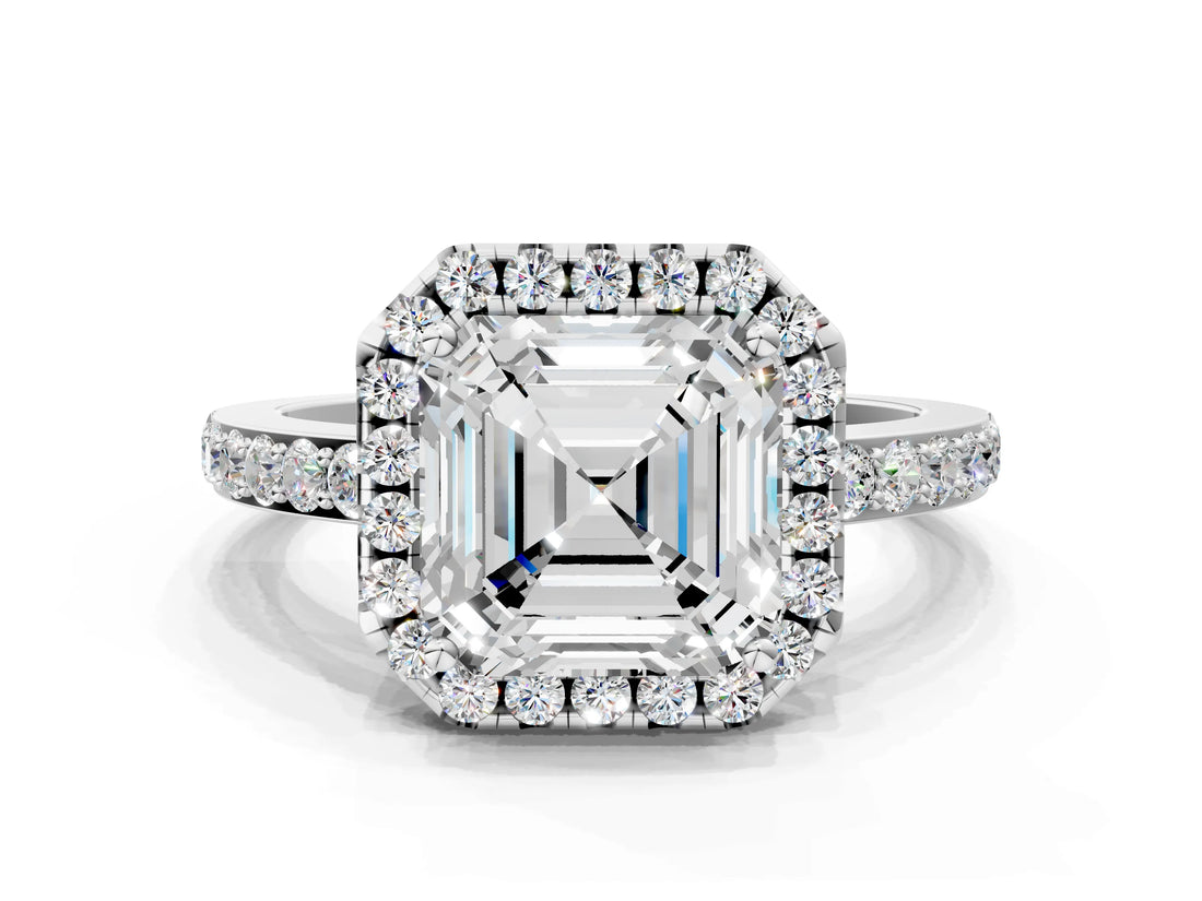 White gold Asscher Halo Diamond Solitaire with Pavé Band and Four-Prong Setting_40