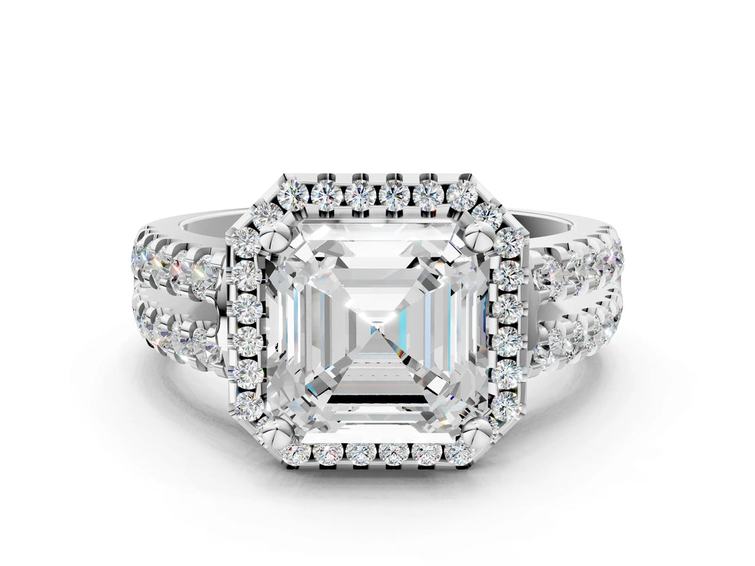 White gold Asscher Halo Diamond Split Shank Engagement Ring with Prong Setting_75
