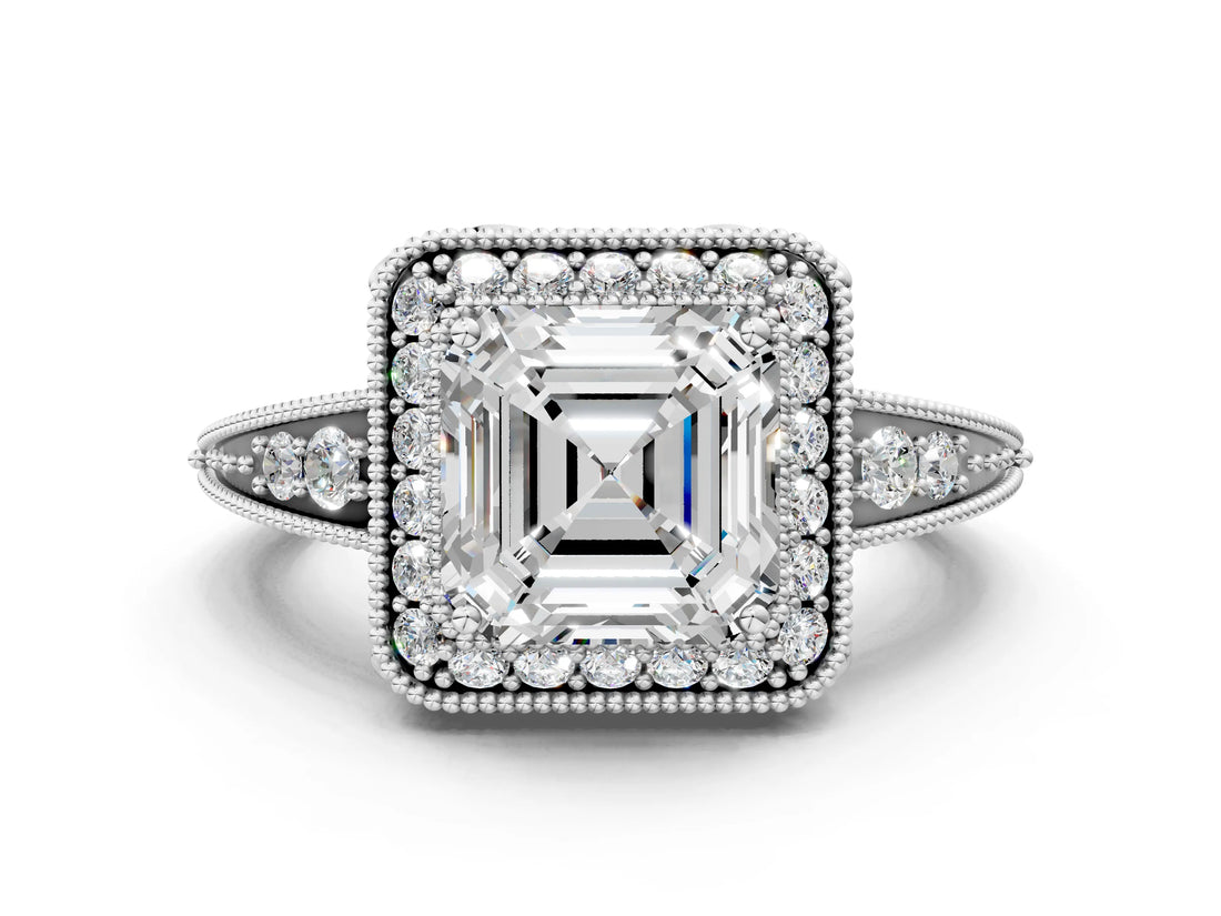 White gold Asscher Halo Diamond Split Shank Ring with Milgrain Detail_51
