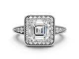 White gold Asscher Halo Diamond Split Shank Ring with Milgrain Detail_51
