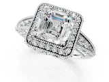White gold Asscher Halo Diamond Split Shank Ring with Milgrain Detail_52