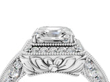 White gold Asscher Halo Diamond Split Shank Ring with Milgrain Detail_56
