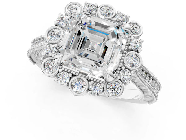 White gold Asscher Halo Milgrain Pave Diamond Ring with Four-Prong Setting