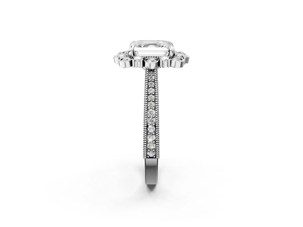 White gold Asscher Halo Milgrain Pave Diamond Ring with Four-Prong Setting