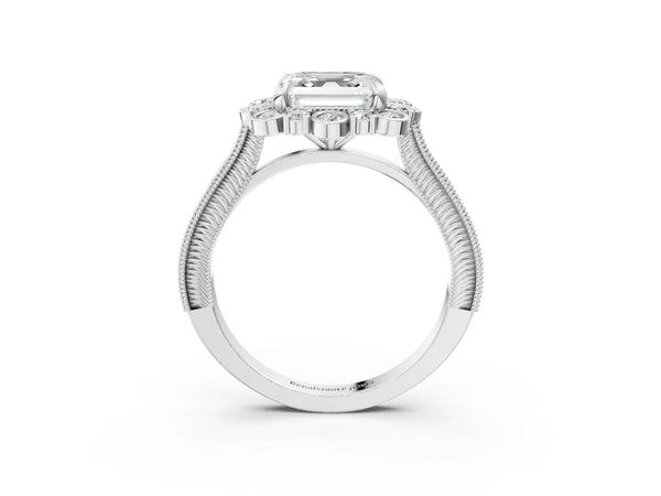 White gold Asscher Halo Milgrain Pave Diamond Ring with Four-Prong Setting