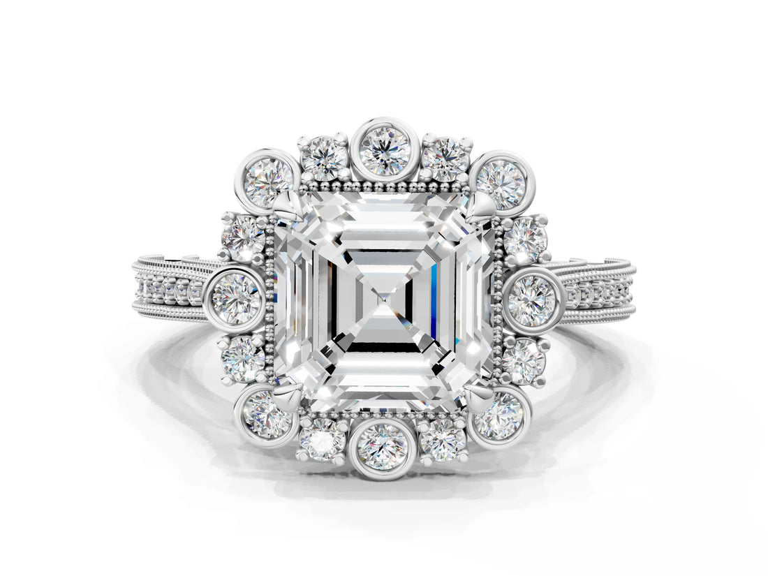 White gold Asscher Halo Milgrain Pave Diamond Ring with Four-Prong Setting