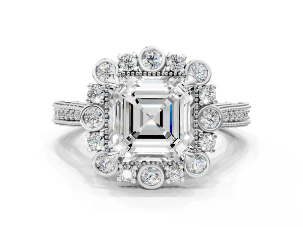 White gold Asscher Halo Milgrain Pave Diamond Ring with Four-Prong Setting