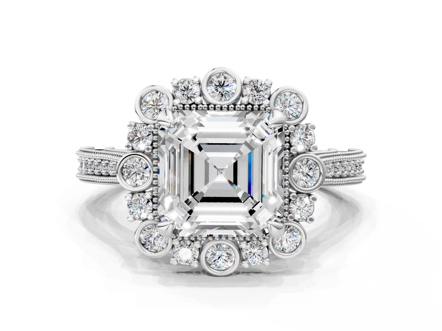 White gold Asscher Halo Milgrain Pave Diamond Ring with Four-Prong Setting