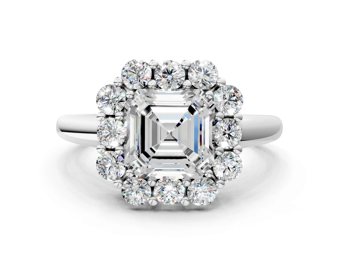 White gold Asscher Halo Milgrain Solitaire with Bezel Set Side Stones and Pave Band_32