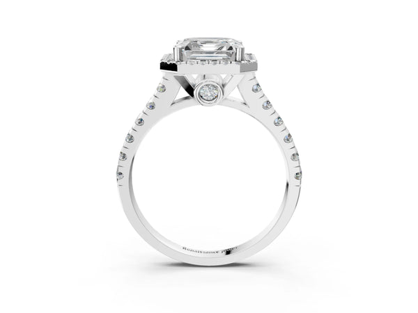 White Gold Asscher Cut Halo Engagement Ring Setting with Accented Shoulders and Bezel Gallery Accents