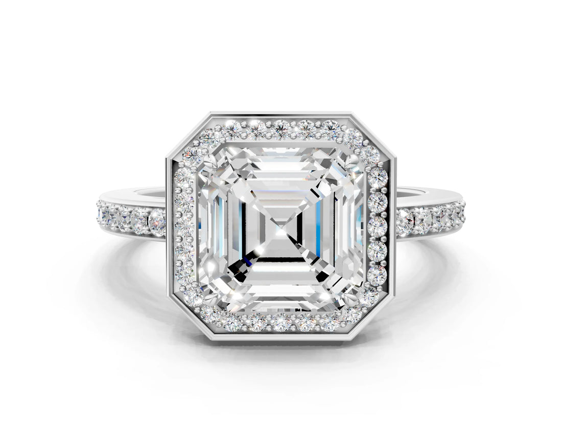 White gold Asscher Halo Pave Band Solitaire Ring with Prong Setting_51