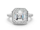 White gold Asscher Halo Pave Band Solitaire Ring with Prong Setting_52