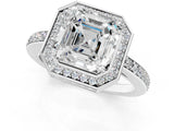 White gold Asscher Halo Pave Band Solitaire Ring with Prong Setting_53