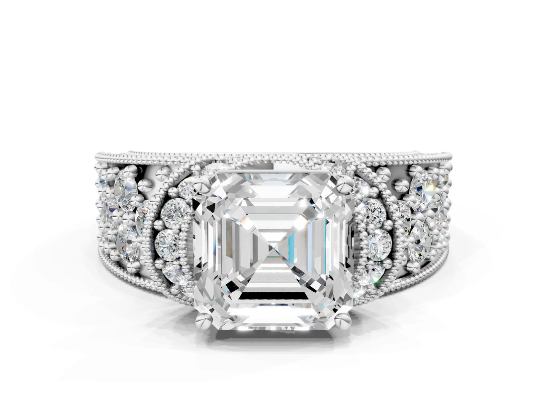White gold Asscher Halo Pave Diamond Engagement Ring with Milgrain Detailing_51