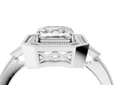 White gold Asscher Halo Round Diamond Milgrain Pave Engagement Ring_13