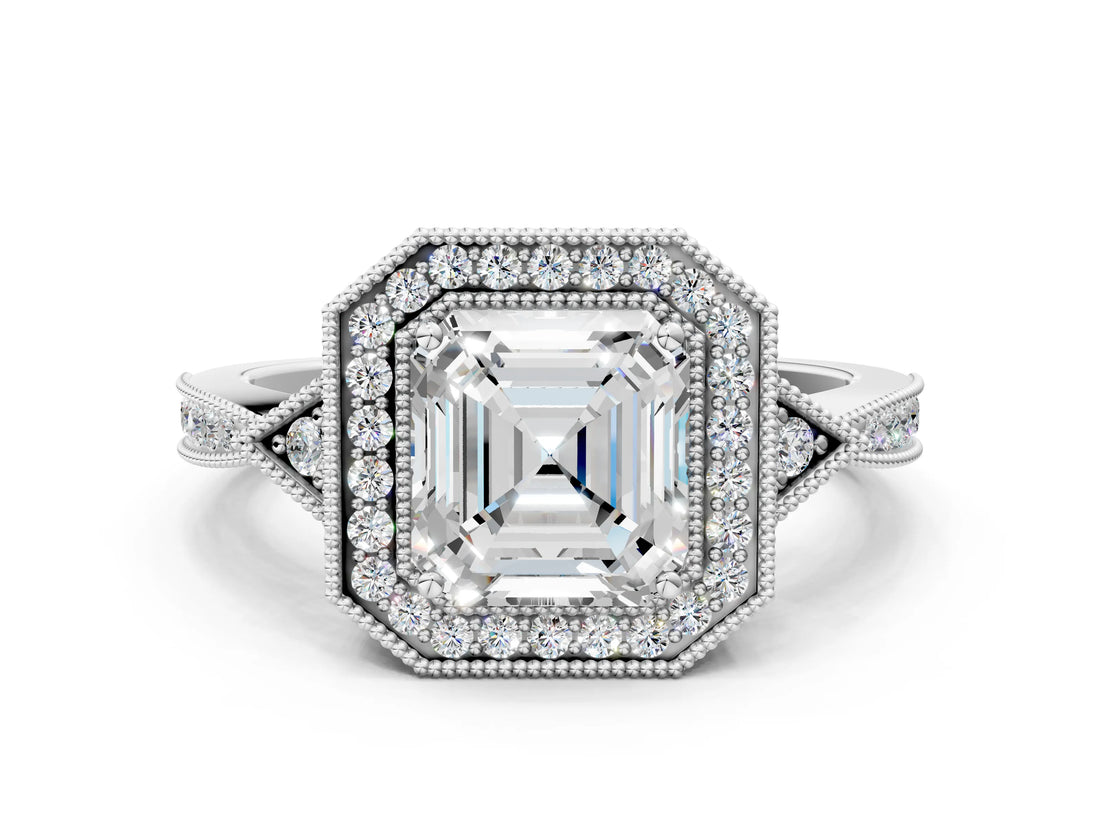 White gold Asscher Halo Round Diamond Milgrain Pave Engagement Ring_9