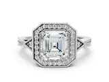 White gold Asscher Halo Round Diamond Milgrain Pave Engagement Ring_9