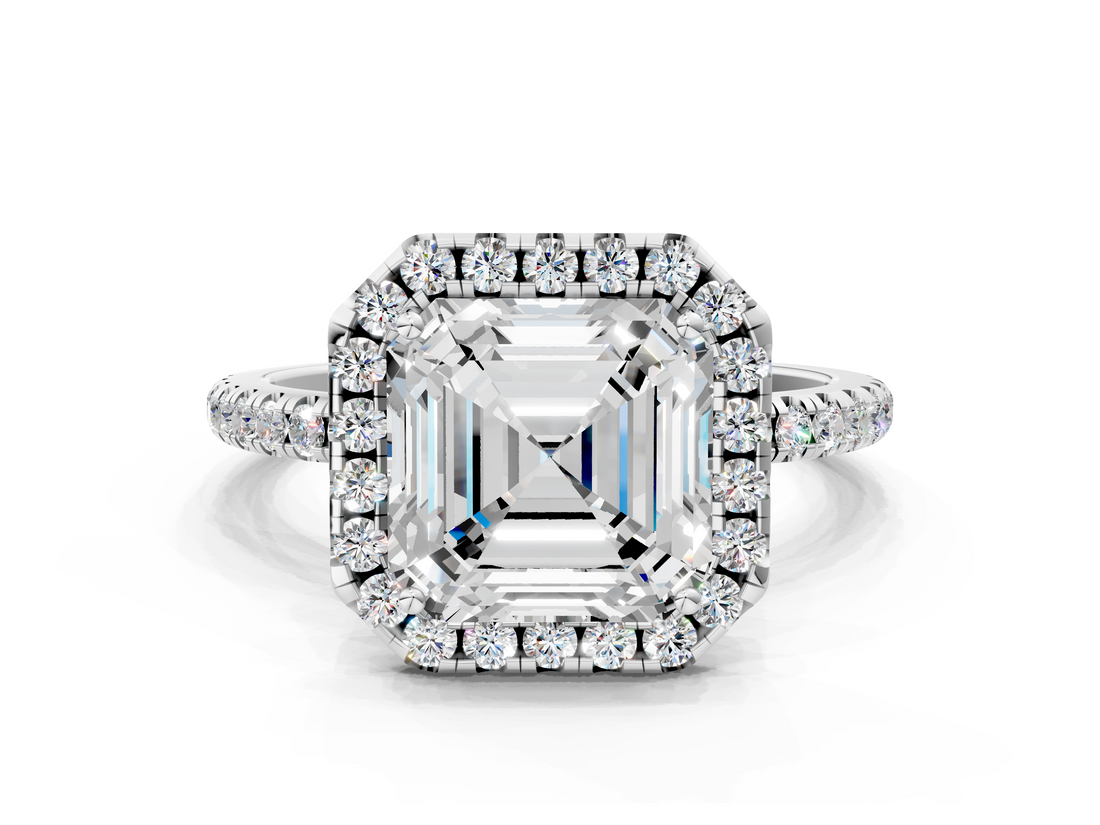 White gold Asscher Halo Round Diamond Pavé Band Four-Prong Ring_3