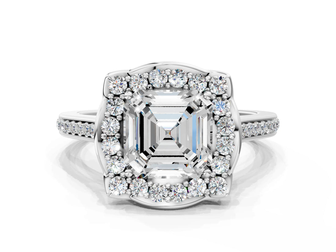 White gold Asscher Halo Round Diamond Pave Band with Four-Prong Setting_81