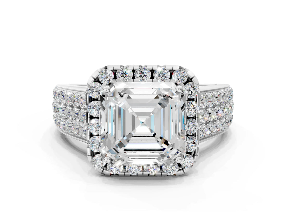 White gold Asscher Halo Round Diamond Pave Band with Prong Setting