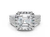 White gold Asscher Halo Round Diamond Pave Band with Prong Setting