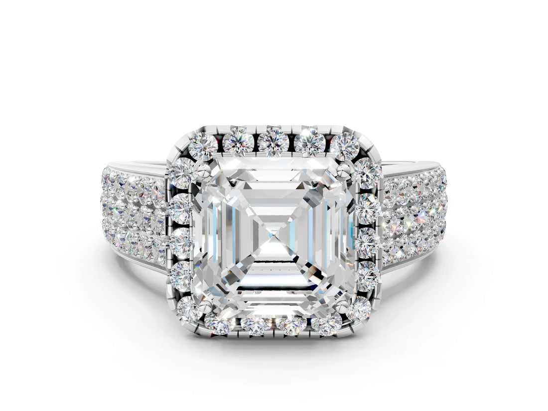 White gold Asscher Halo Round Diamond Pave Band with Prong Setting_12