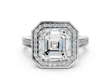 White gold Asscher Halo Solitaire Diamond Ring with Pave Band and Bezel Setting_52