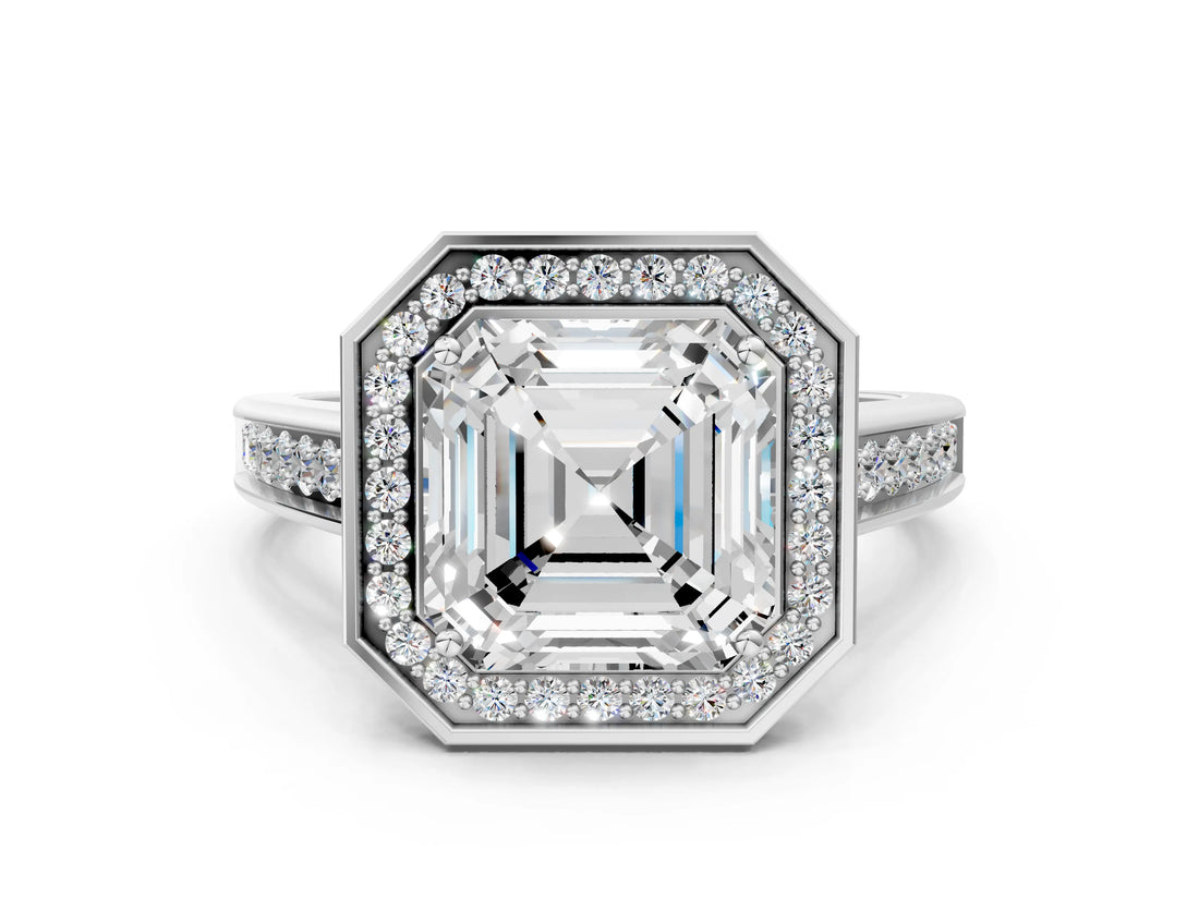White gold Asscher Halo Solitaire Diamond Ring with Pave Band and Bezel Setting_52