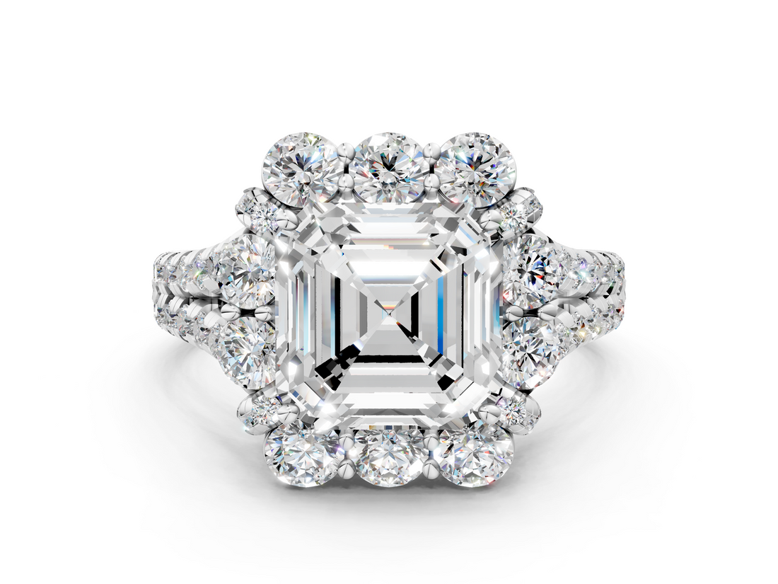 White gold Asscher Halo Split Shank Diamond Engagement Ring with Pave Band and Four-Prong Setting_24