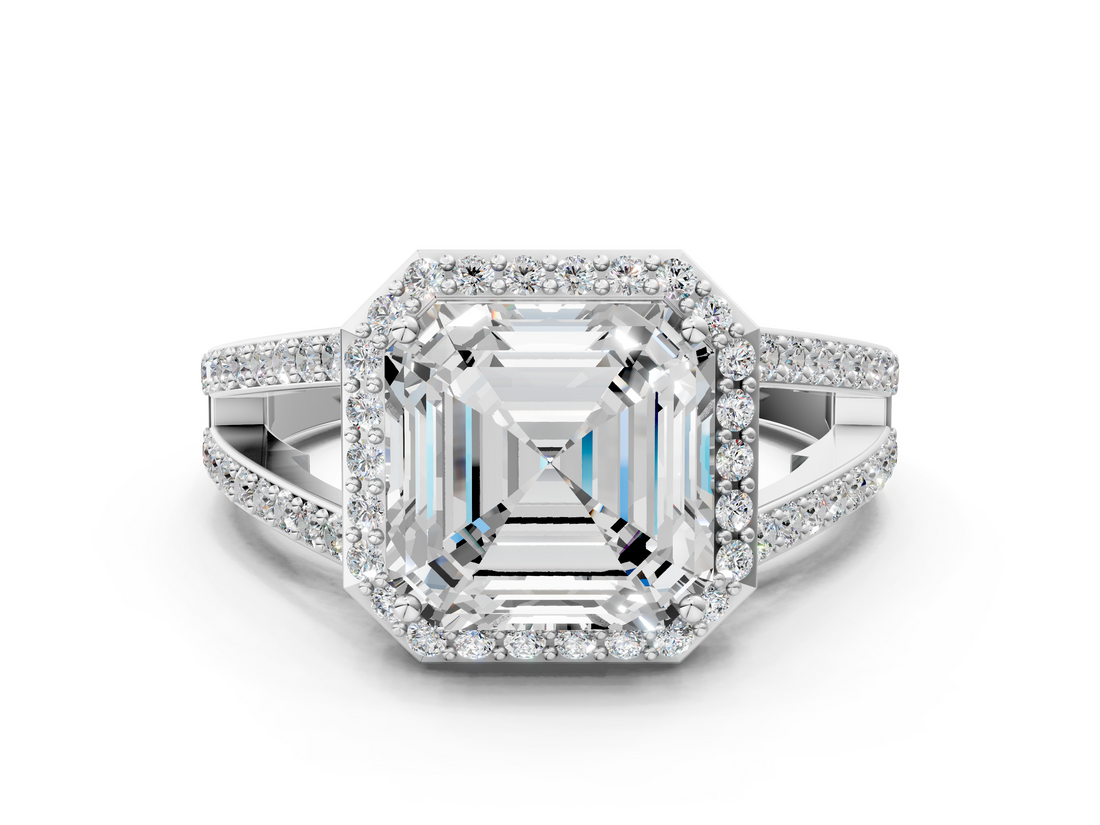White gold Asscher Halo Split Shank Diamond Ring with Four-Prong Setting_23