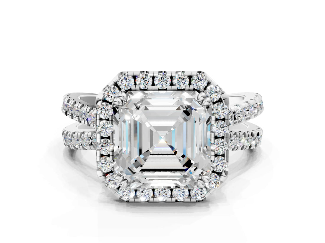 White gold Asscher Halo Split Shank Diamond Ring with Pavé Setting_43
