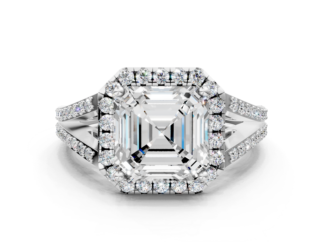White gold Asscher Halo Split Shank Diamond Ring with Prong Setting_6
