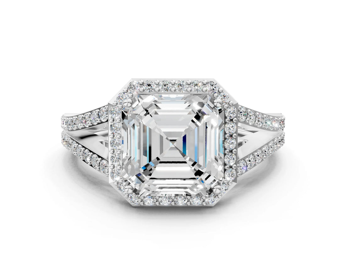 White gold Asscher Halo Split Shank Pave Diamond Ring with Four-Prong Setting_52