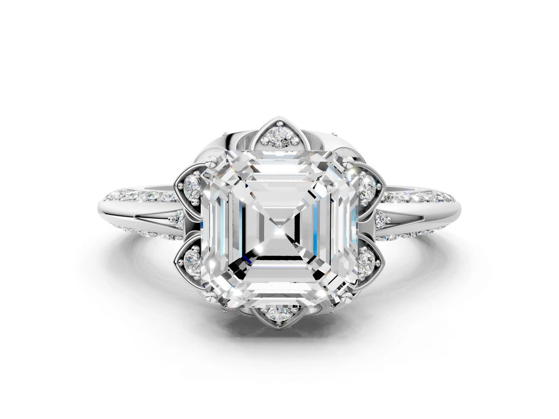 White gold Asscher Halo Split Shank Pave Diamond Ring with Petal Prong Setting_21