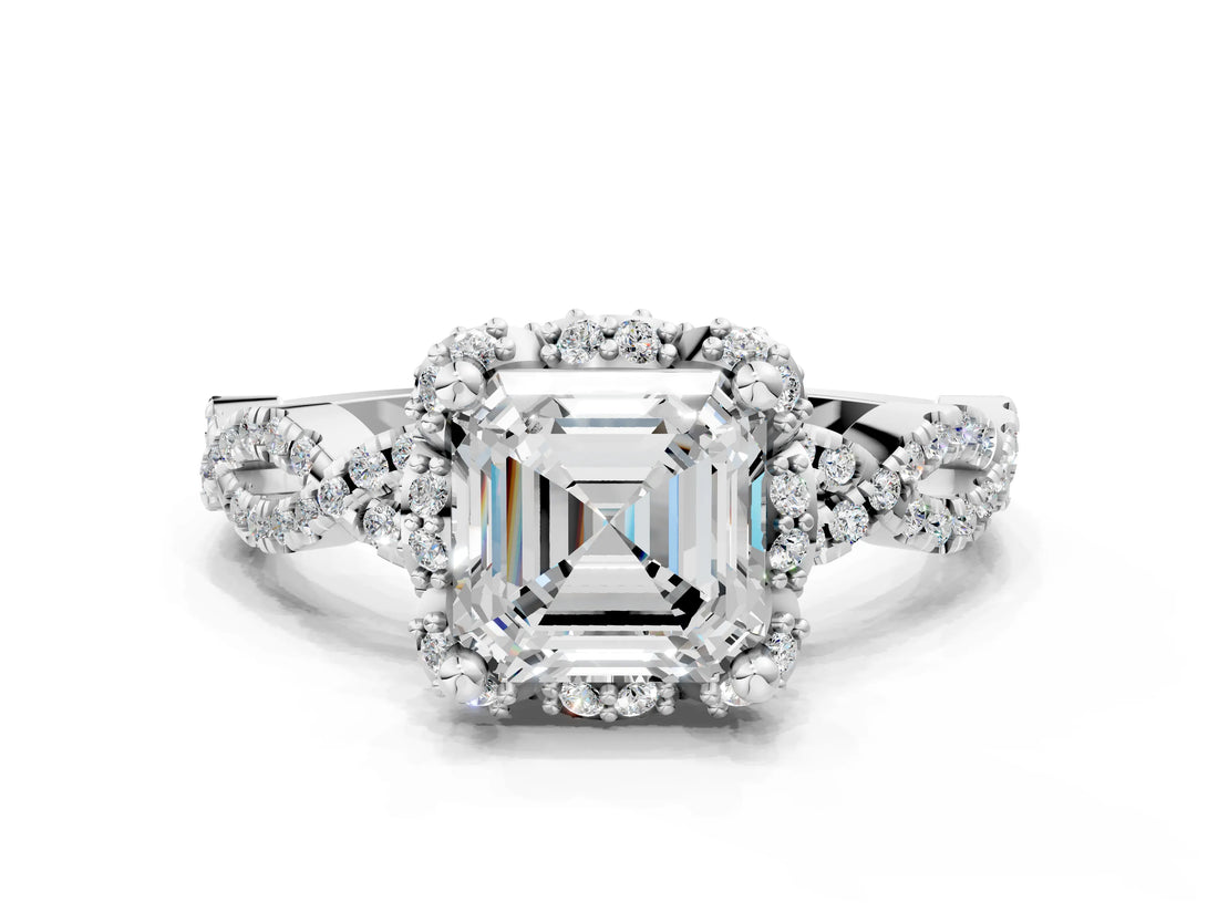 White gold Asscher Halo Twist Band Solitaire Ring with Six-Prong Setting_31