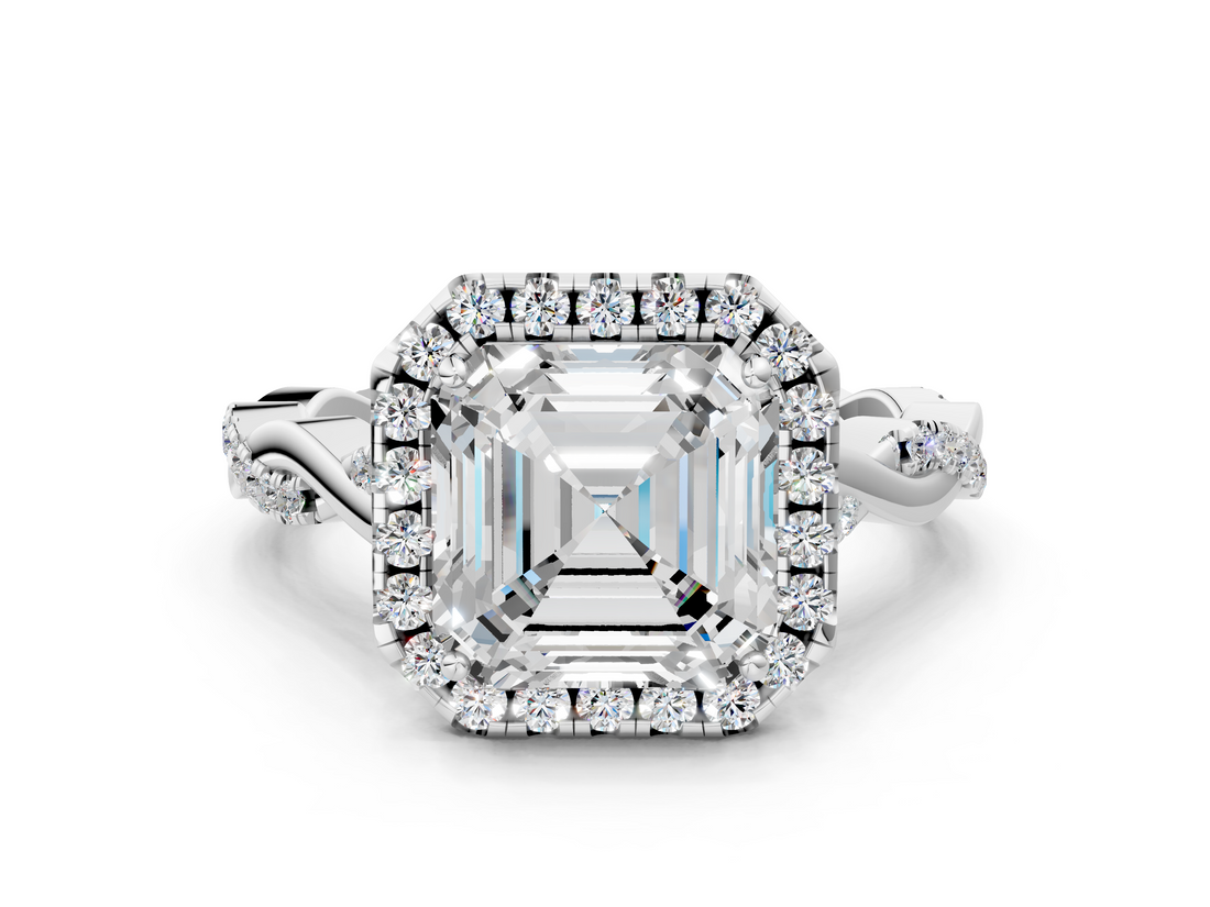 White gold Asscher Halo Twist Band Solitaire Ring_6