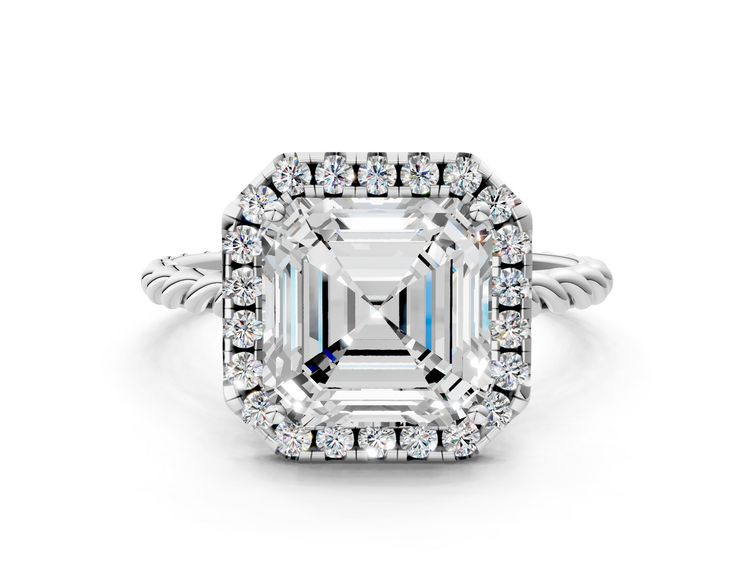 White gold Asscher Halo Twisted Band Four-Prong Diamond Ring_6