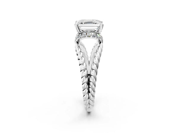 Platinum Asscher Cut Engagement Ring Setting with Twisted Rope Split Shank and Accented Head