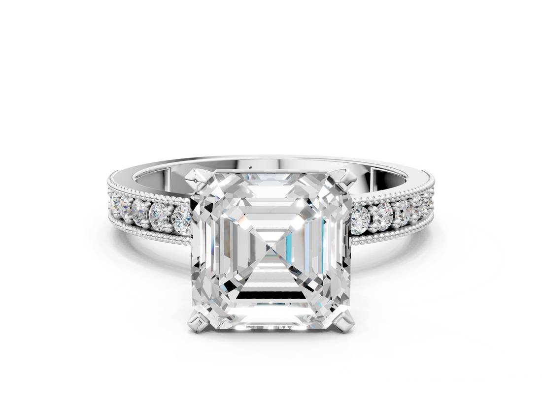 White gold Asscher Milgrain Pave Diamond Engagement Ring with Four-Prong Setting_6