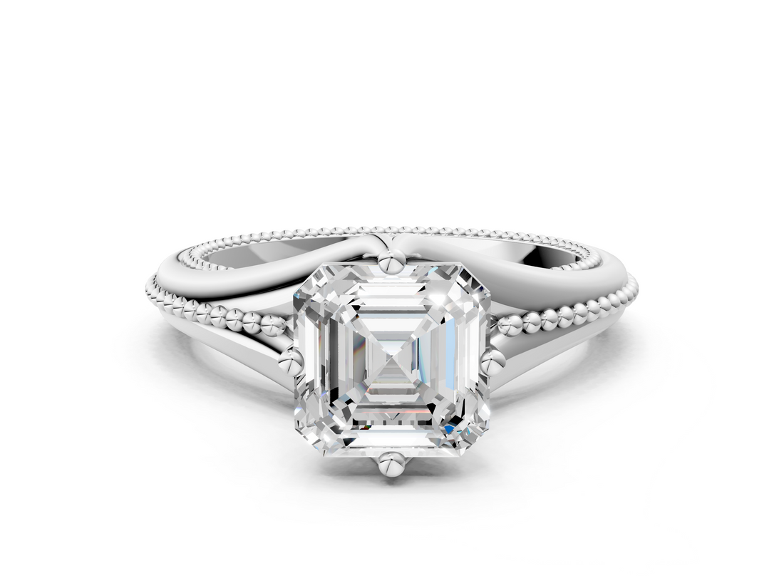 White gold Asscher Solitaire Beaded Band Six-Prong Setting_4