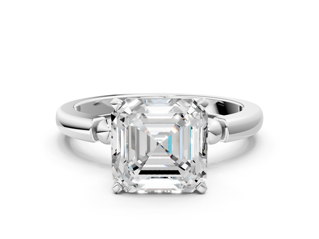 White gold Asscher Solitaire Beaded Band with Four-Prong Setting_7