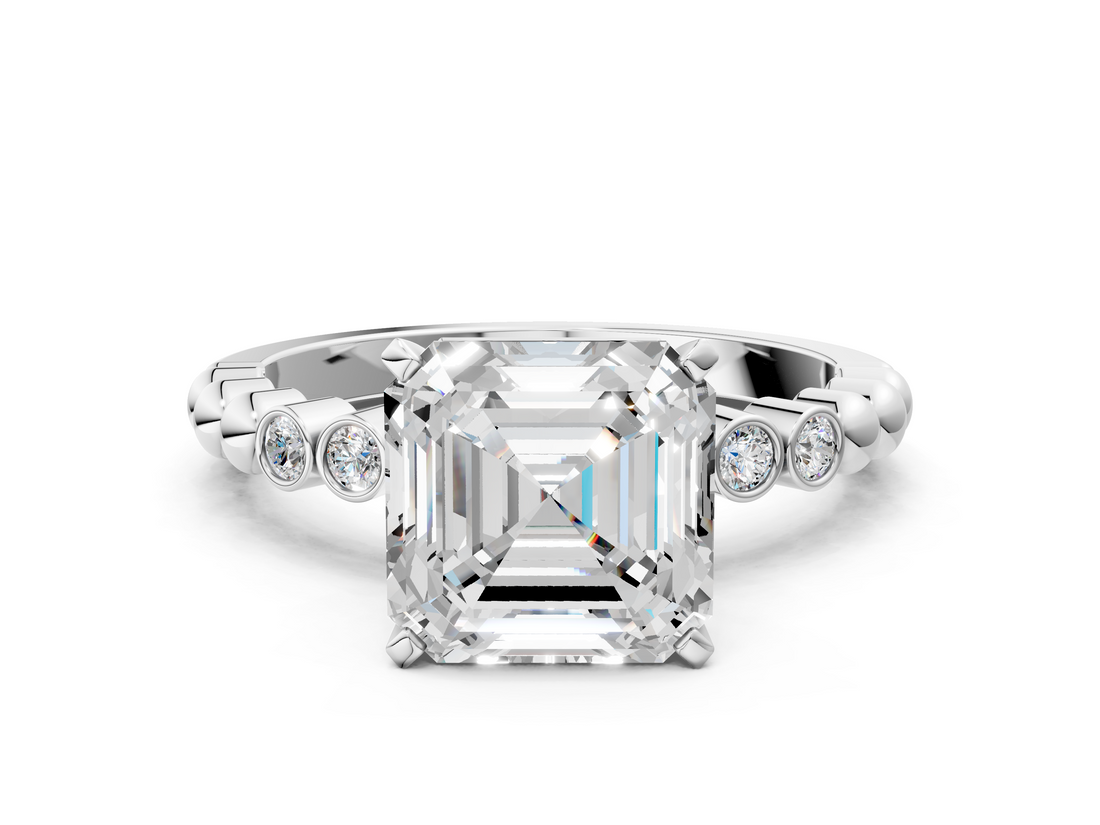 White gold Asscher Solitaire Bezel Accent Diamond Engagement Ring with Beaded Band and Four-Prong Setting_7