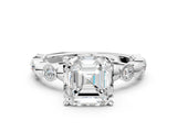 White gold Asscher Solitaire Bezel-Set Diamond Ring with Beaded Band and Four-Prong Setting_51