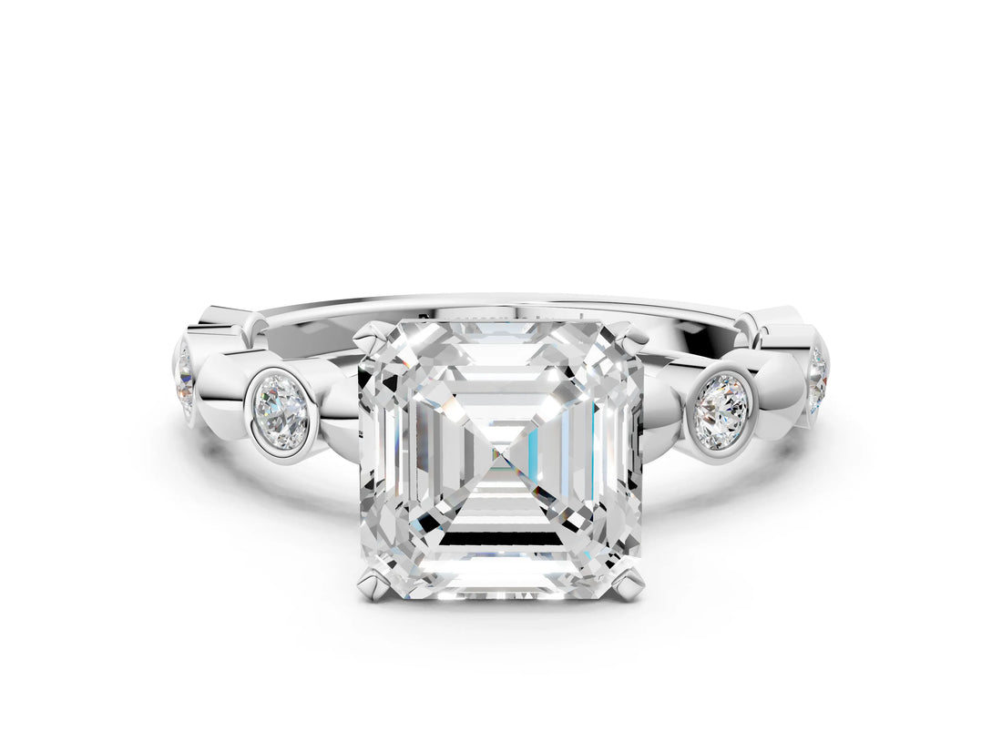 White gold Asscher Solitaire Bezel-Set Diamond Ring with Beaded Band and Four-Prong Setting_51