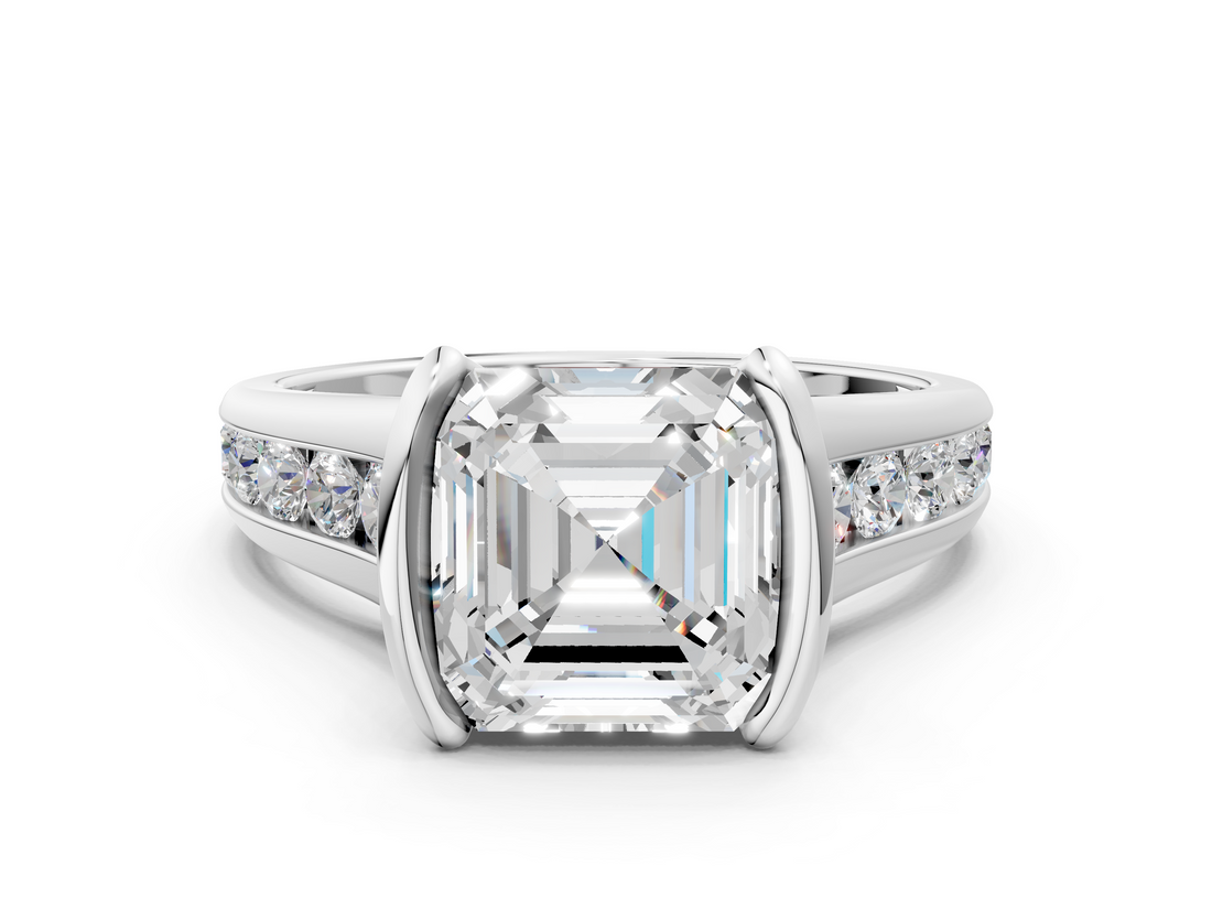 White gold Asscher Solitaire Bezel-Set Diamond Ring with Channel-Set Band_23