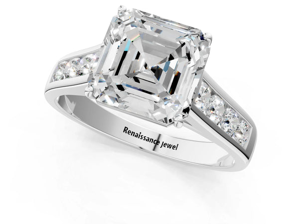 Silver Asscher Solitaire Channel-Set Diamond Engagement Ring with Four-Prong Setting