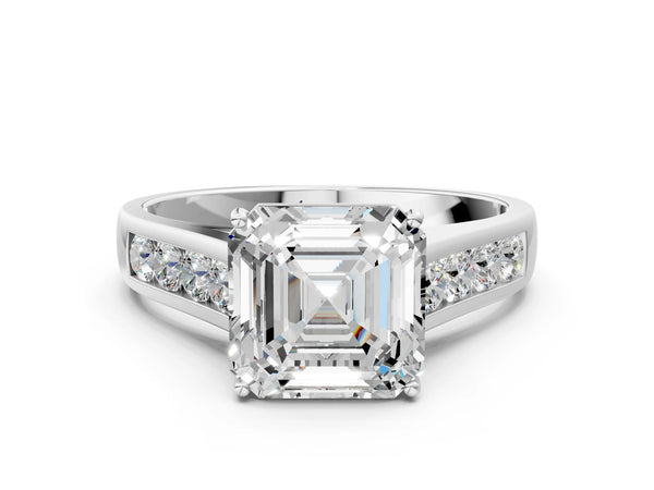 White gold Asscher Solitaire Channel-Set Diamond Engagement Ring with Four-Prong Setting
