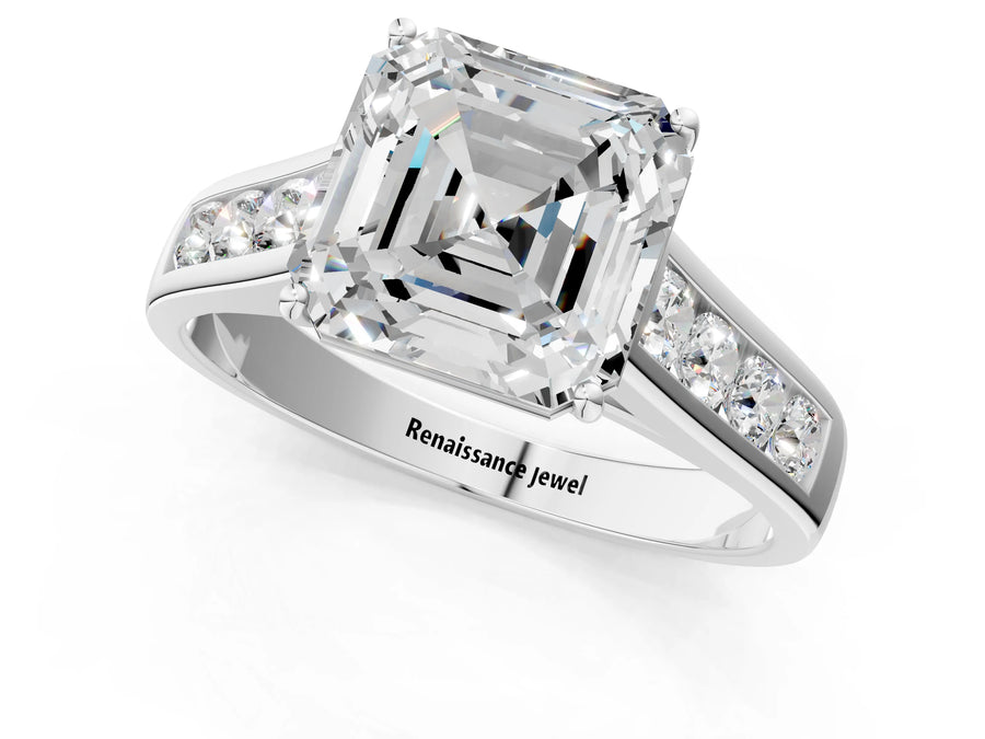White gold Asscher Solitaire Channel-Set Diamond Engagement Ring with Four-Prong Setting