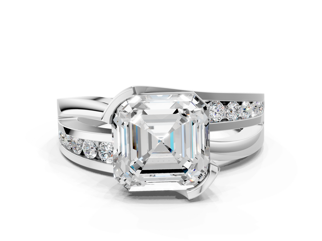 White gold Asscher Solitaire Channel-Set Split Shank Ring with Tension Prong Setting_18